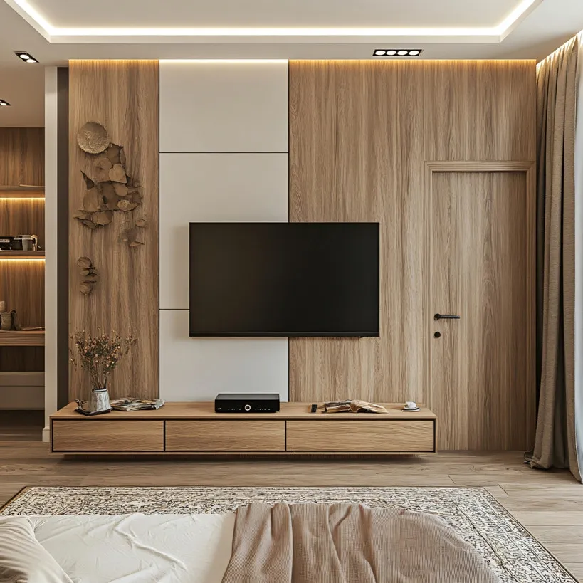 bedroom-with-tv-bed-with-curtain-that-says-power